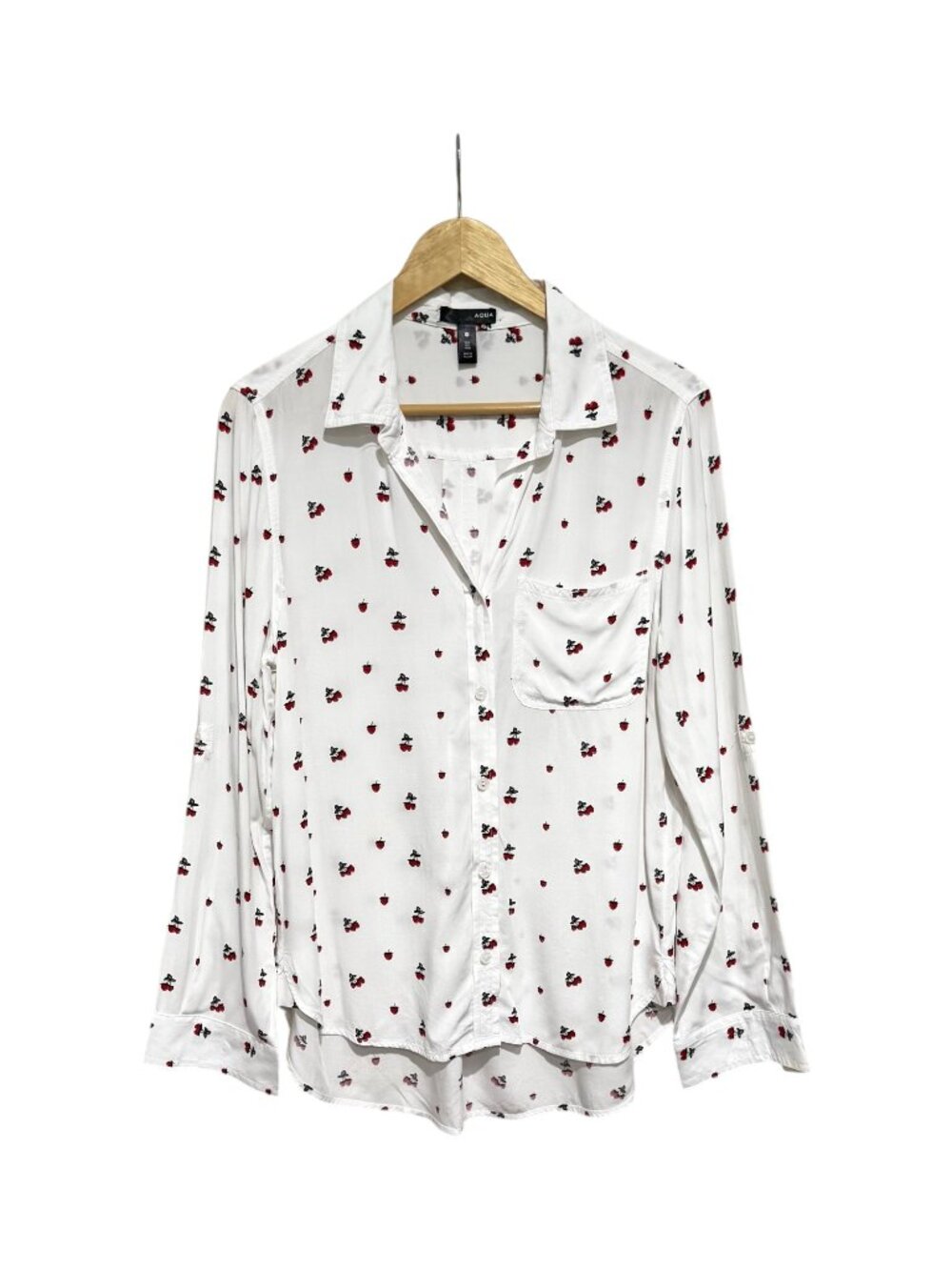 Aqua button-down blouse; White with a red cherry print, Sz Medium